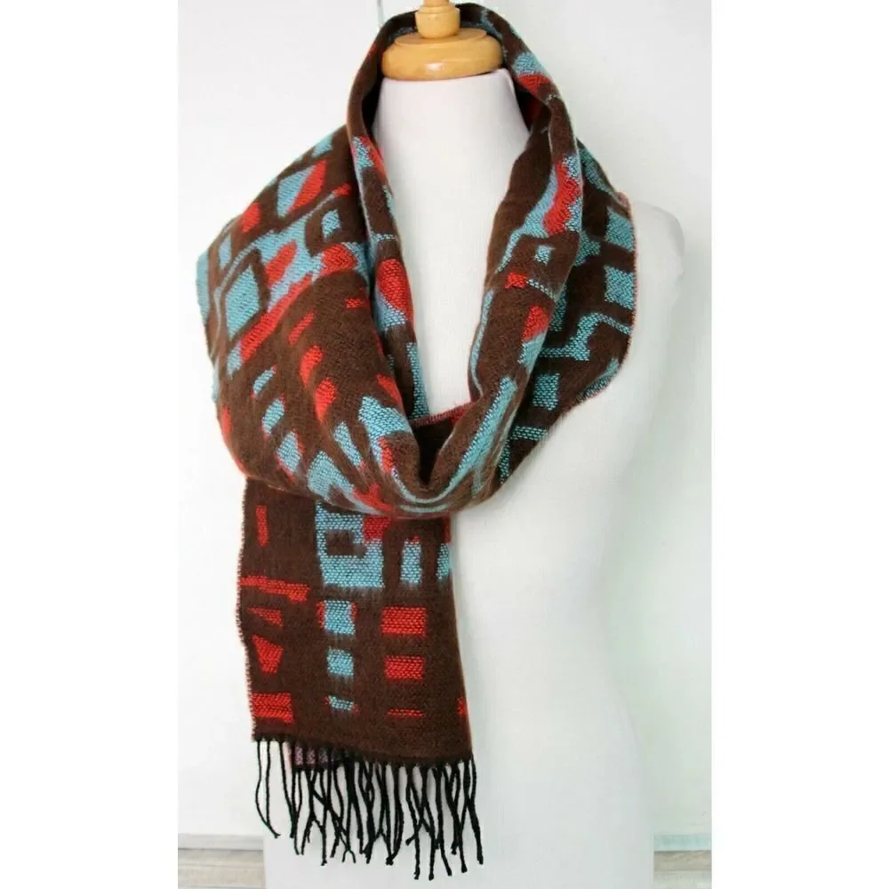 GERMANY BROWN RED BLUE 100% CASHMERE FRINGE SOFT WRAP SCARF (F38
